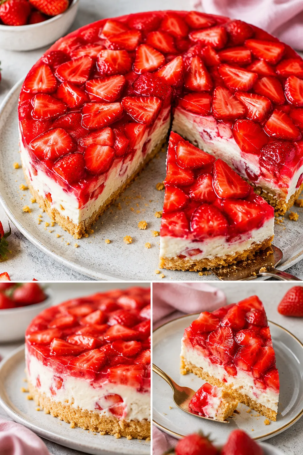 Lust auf Sommer? Dieser Erdbeerkuchen ohne Backen gelingt garantiert ohne Matschboden & Klümpchen. Entdecke die geheimen Profi-Tricks für perfekten Stand!