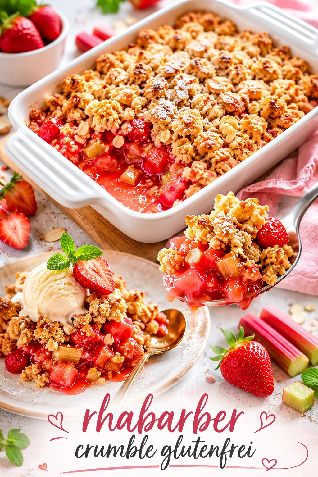 Matschige Streusel ade! Backe den besten Rhabarber Crumble glutenfrei mit unserem chemischen Geheimtipp gegen wässrige Früchte. Klicke hier für das Rezept!