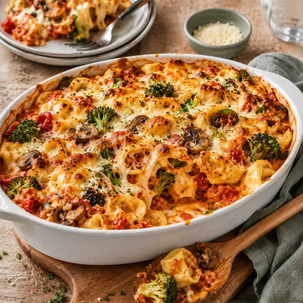 Lust auf Soulfood? Dieser cremige Tortellini Auflauf gelingt garantiert ohne Vorkochen. Erfahren Sie das Geheimnis für die perfekte goldgelbe Käsekruste!