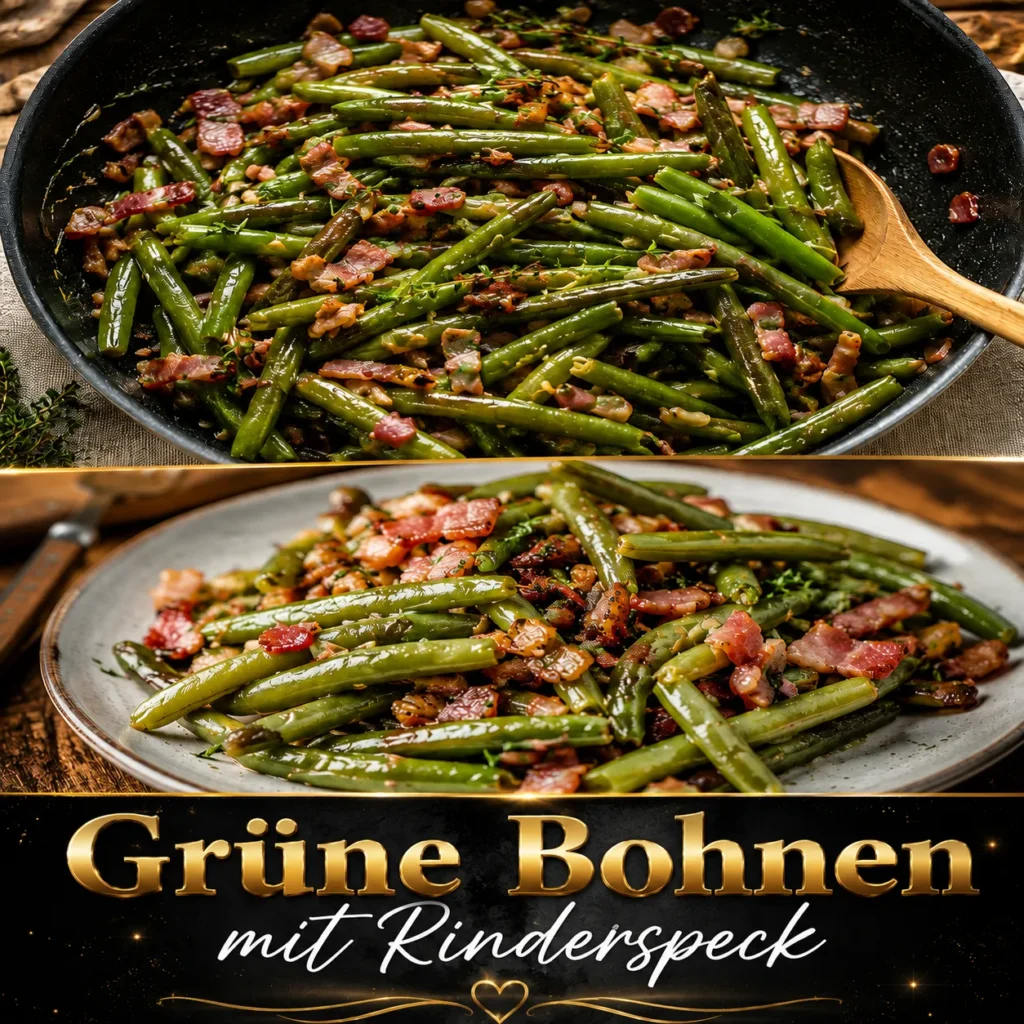 Grüne Bohnen mit Rinderspeck knusprig & knackig zubereiten! Entdecke Omas Geheimtricks, perfekte Garzeiten & den Farb-Trick. Jetzt das Rezept testen!